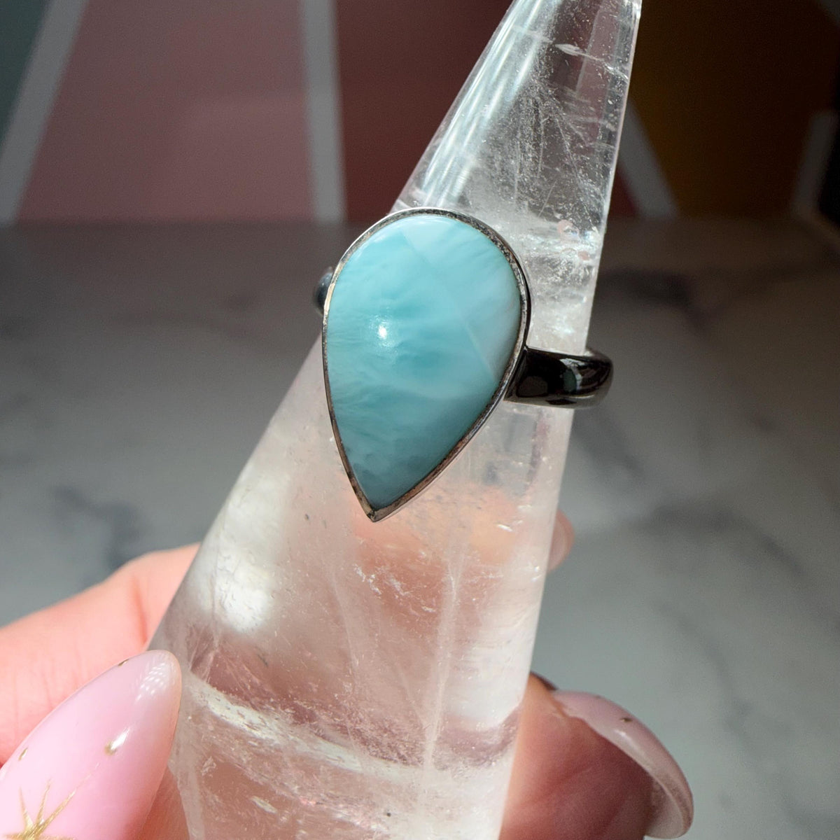 Larimar Tear Drop Ring, Sterling Silver Ocean Stone Statement Jewelry (size 7)