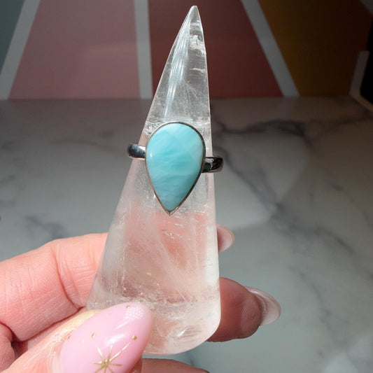 Larimar Tear Drop Ring, Sterling Silver Ocean Stone Statement Jewelry (size 7)