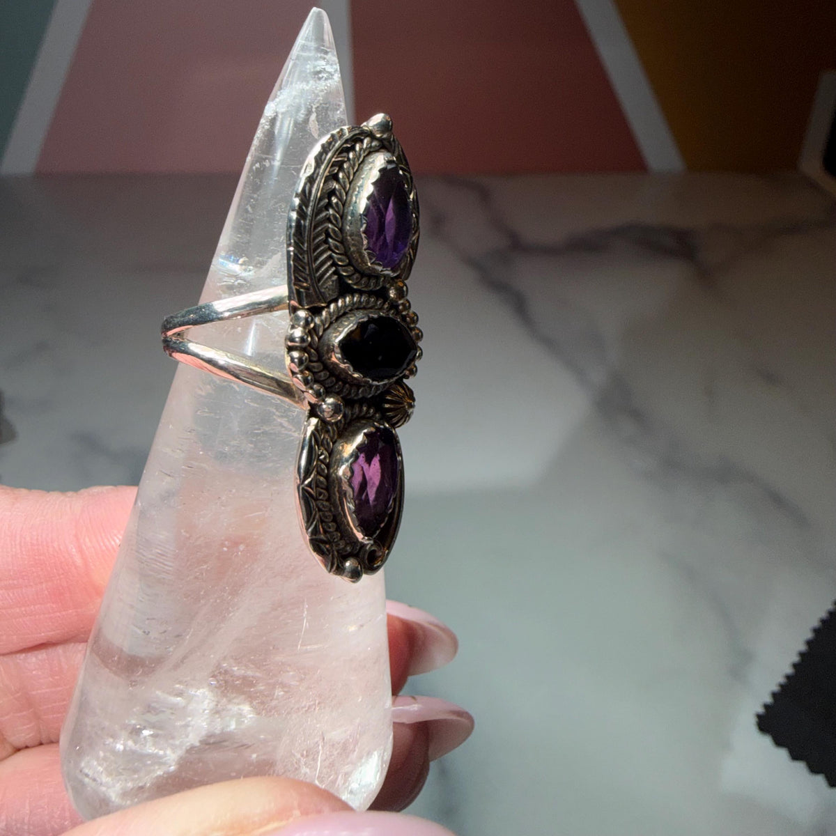 Amethyst Black Onyx Floral Ring, Sterling Silver Faceted Gemstone Jewelry (Size 6)