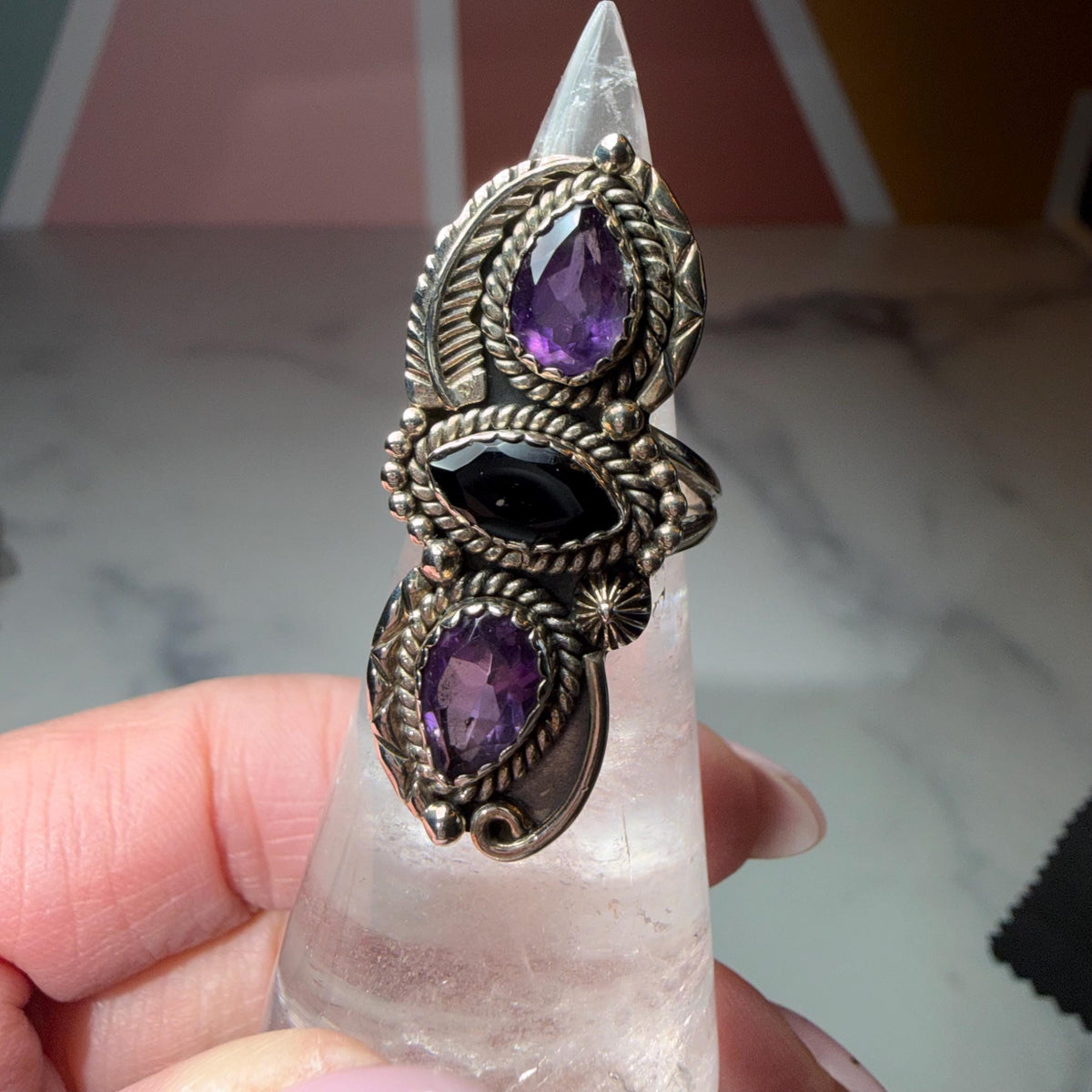 Amethyst Black Onyx Floral Ring, Sterling Silver Faceted Gemstone Jewelry (Size 6)