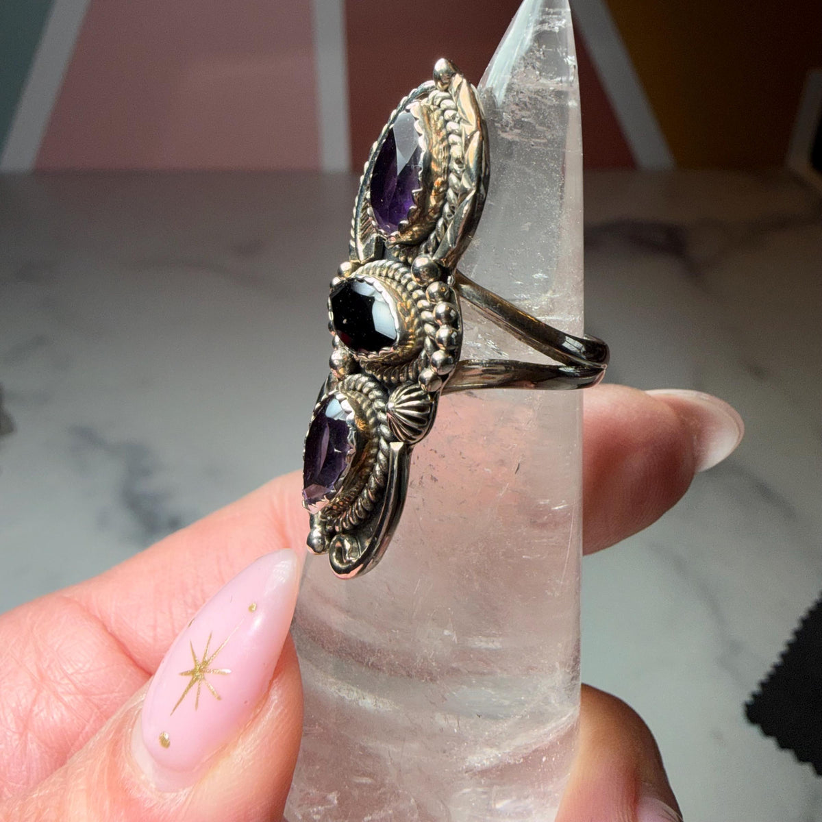 Amethyst Black Onyx Floral Ring, Sterling Silver Faceted Gemstone Jewelry (Size 6)
