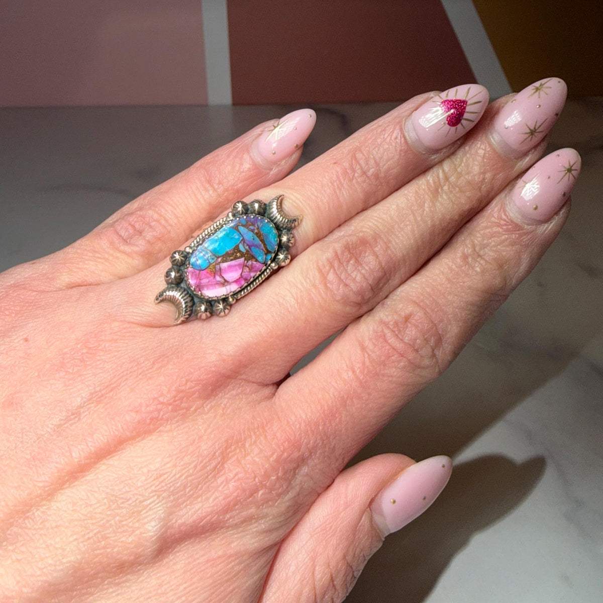 Pink Dahlia Sterling Silver Ring, Celestial Star Band, Size 6 Southwestern Statement