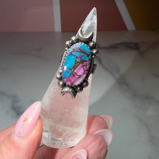 Pink Dahlia Sterling Silver Ring, Celestial Star Band, Size 6 Southwestern Statement