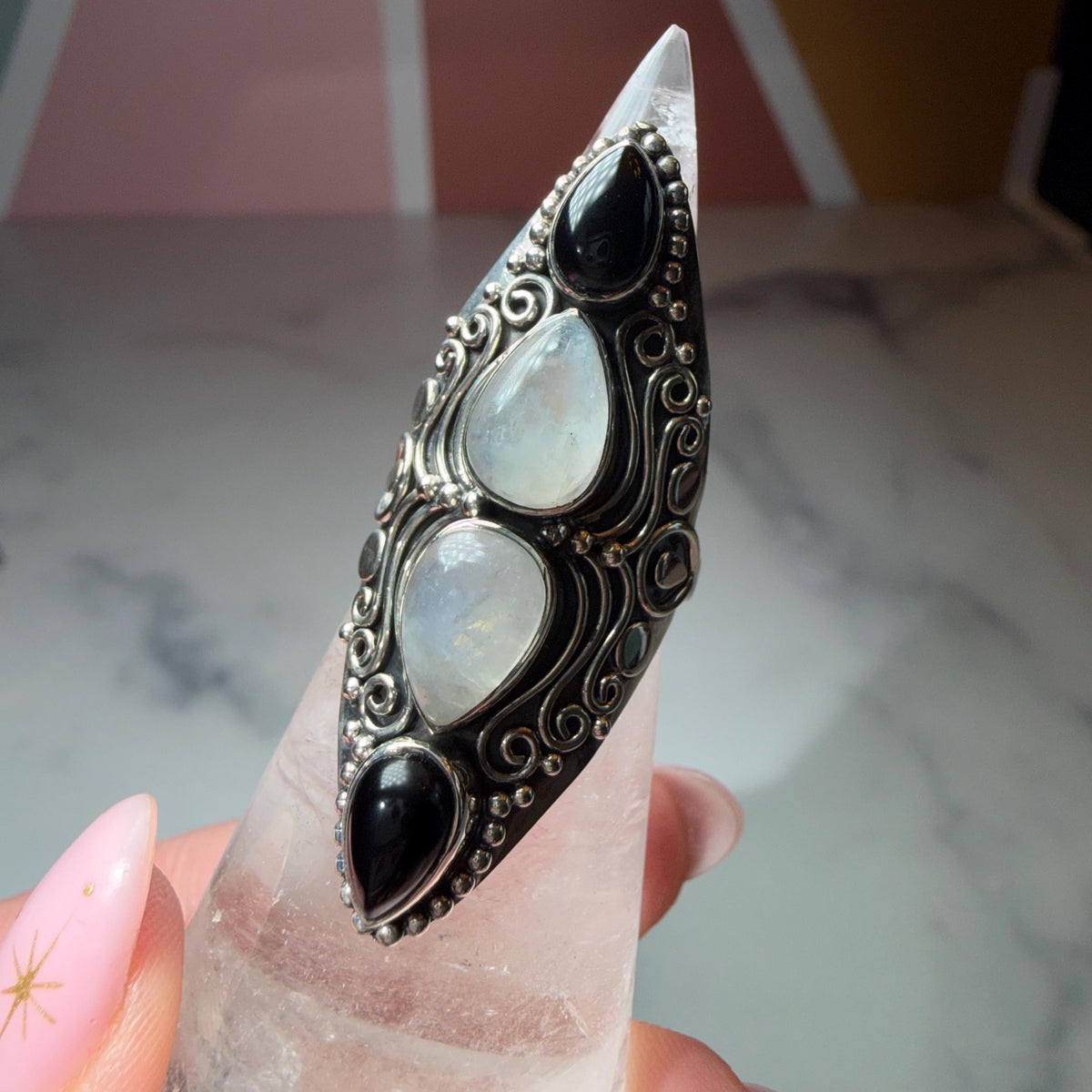 Black Onyx Moonstone Sterling Silver Ornate Statement Ring Size 7