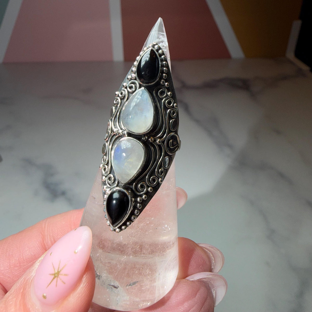 Black Onyx Moonstone Sterling Silver Ornate Statement Ring Size 7