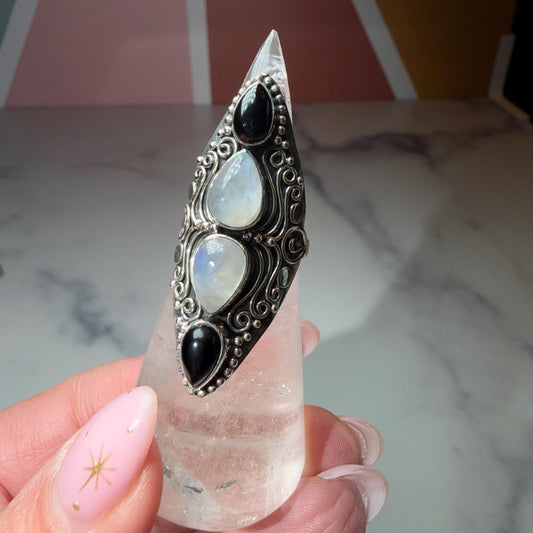 Black Onyx Moonstone Sterling Silver Ornate Statement Ring Size 7