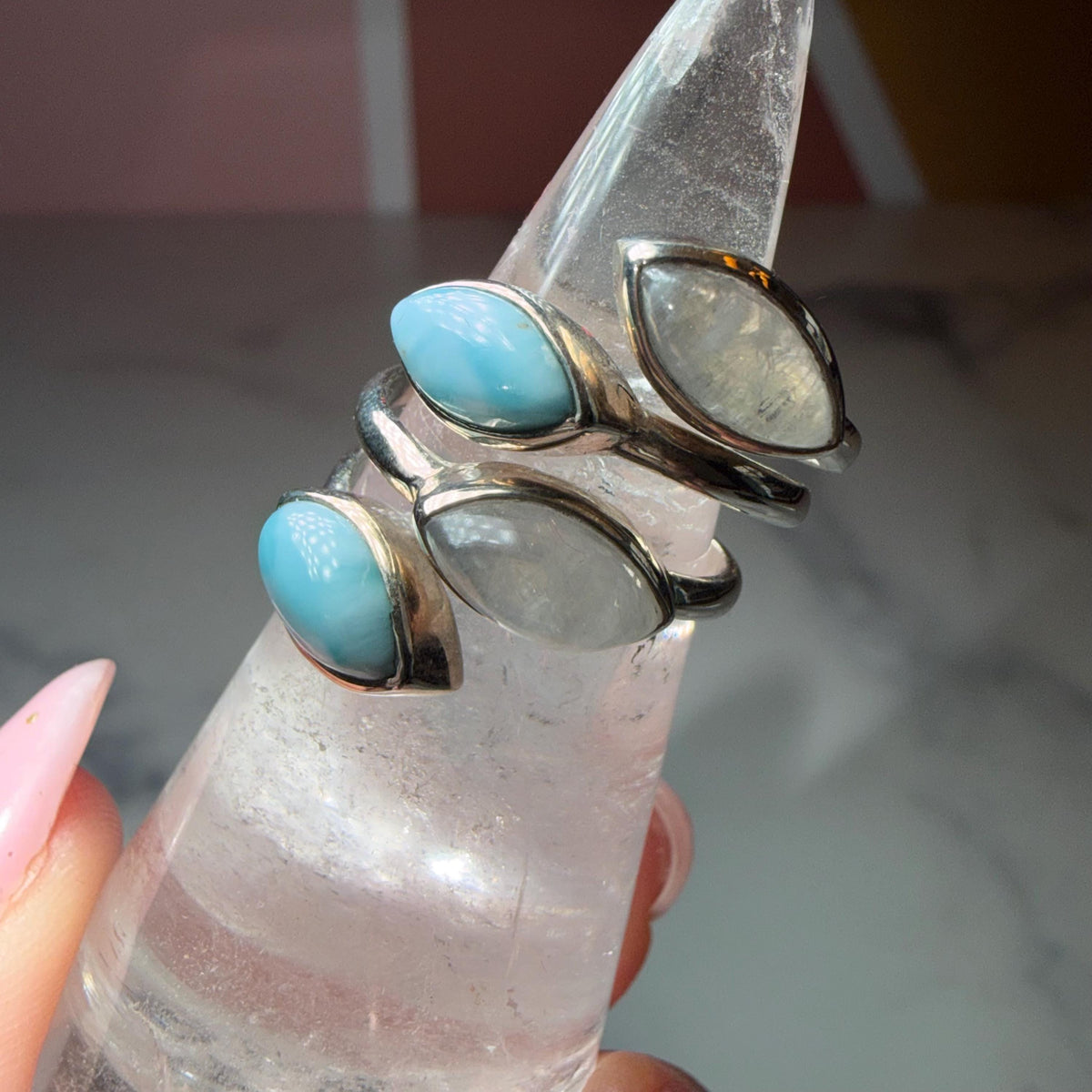 Larimar Moonstone Sterling Silver Statement Ring Size 7, Ocean Celestial Jewelry
