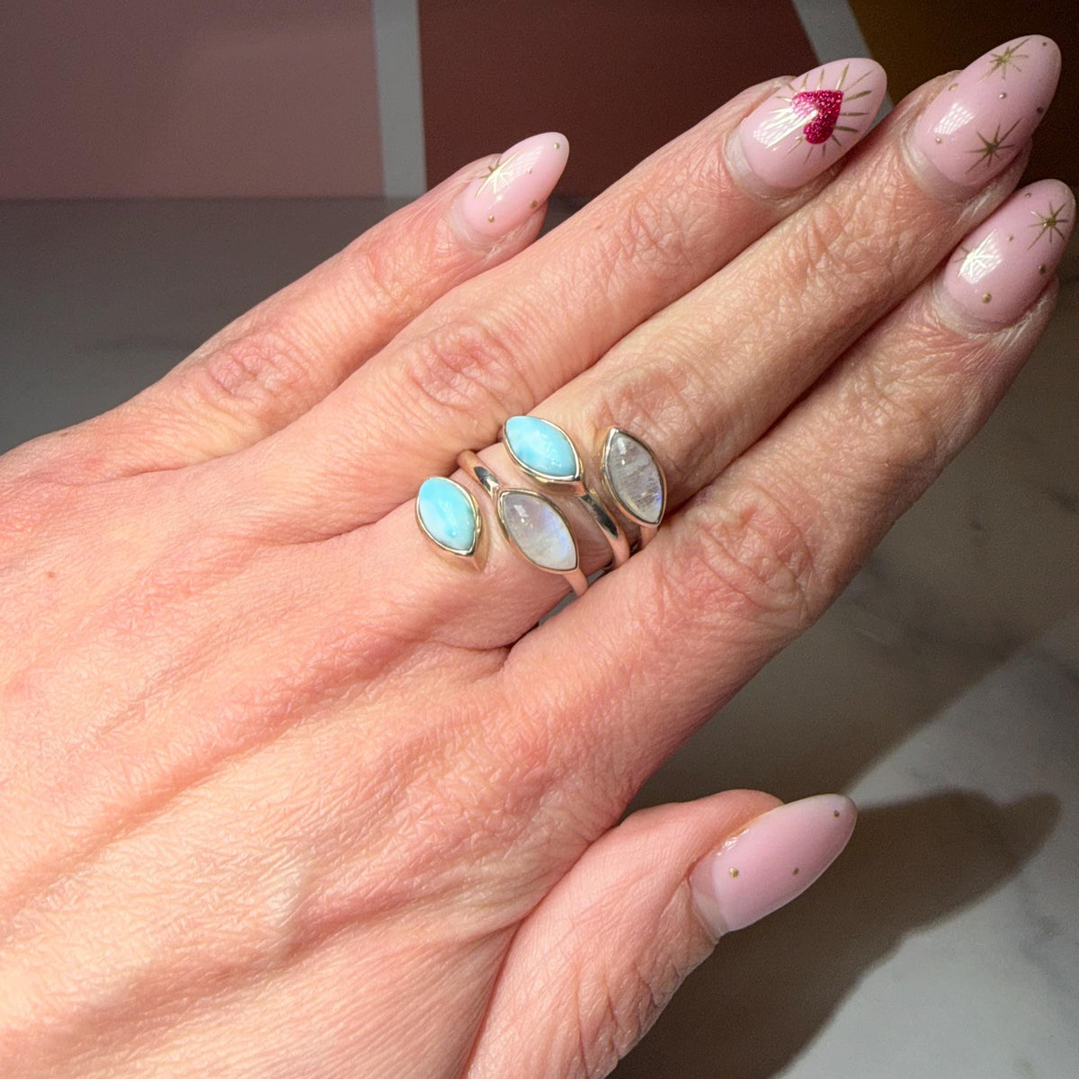 Larimar Moonstone Sterling Silver Statement Ring Size 7, Ocean Celestial Jewelry
