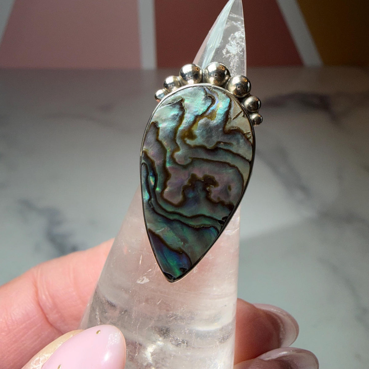 Abalone Shell Tear Drop Ring, Sterling Silver Statement Jewelry, Size 6