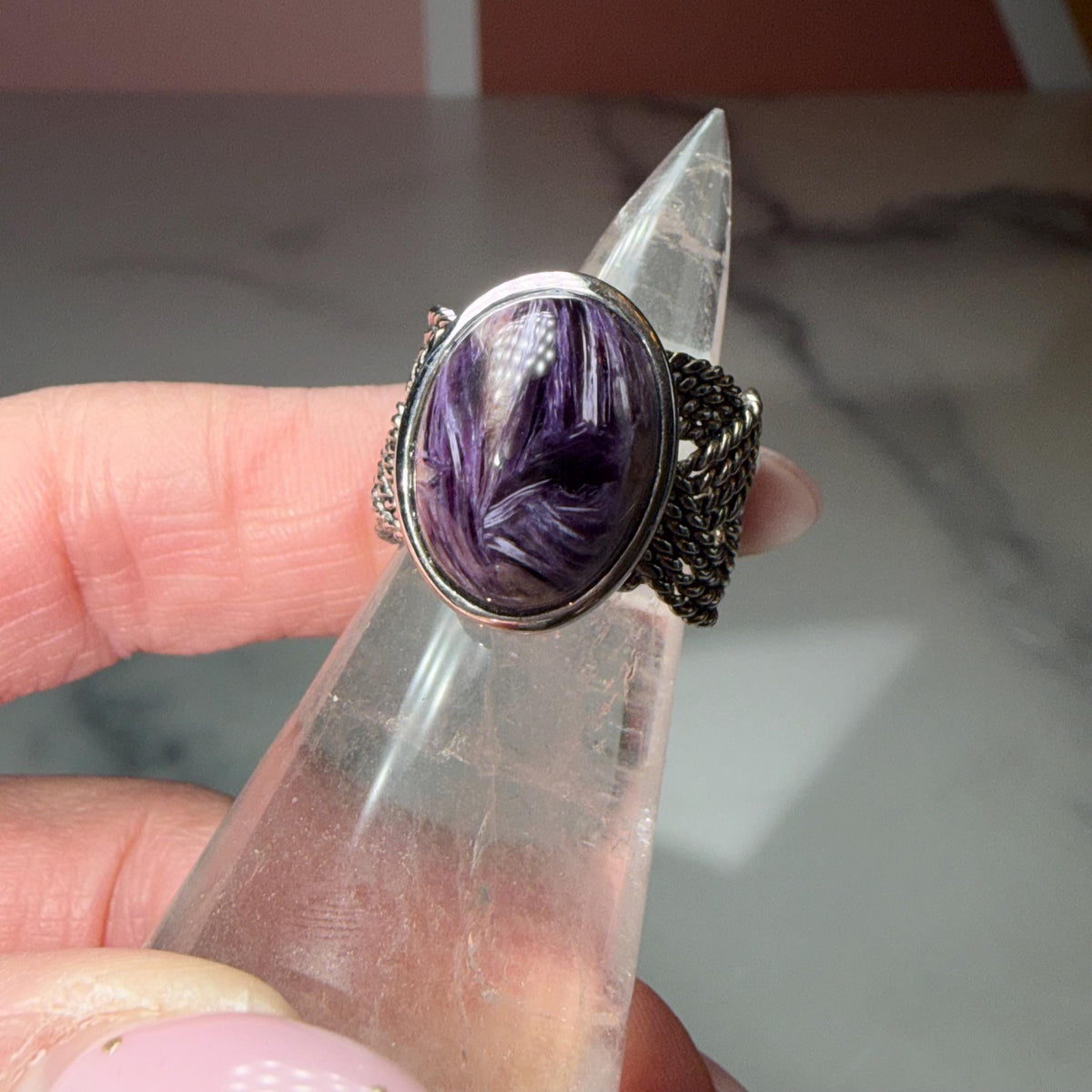Chariote Sterling Silver Ring, Braided Band, Genuine Charoite Gemstone Size 6