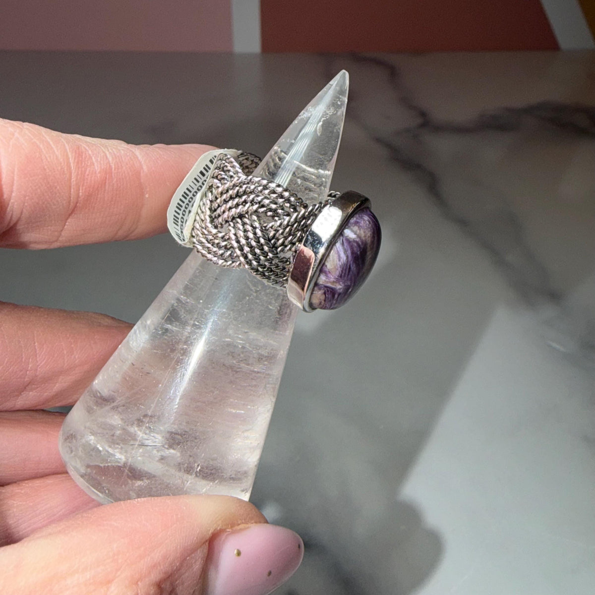 Chariote Sterling Silver Ring, Braided Band, Genuine Charoite Gemstone Size 6