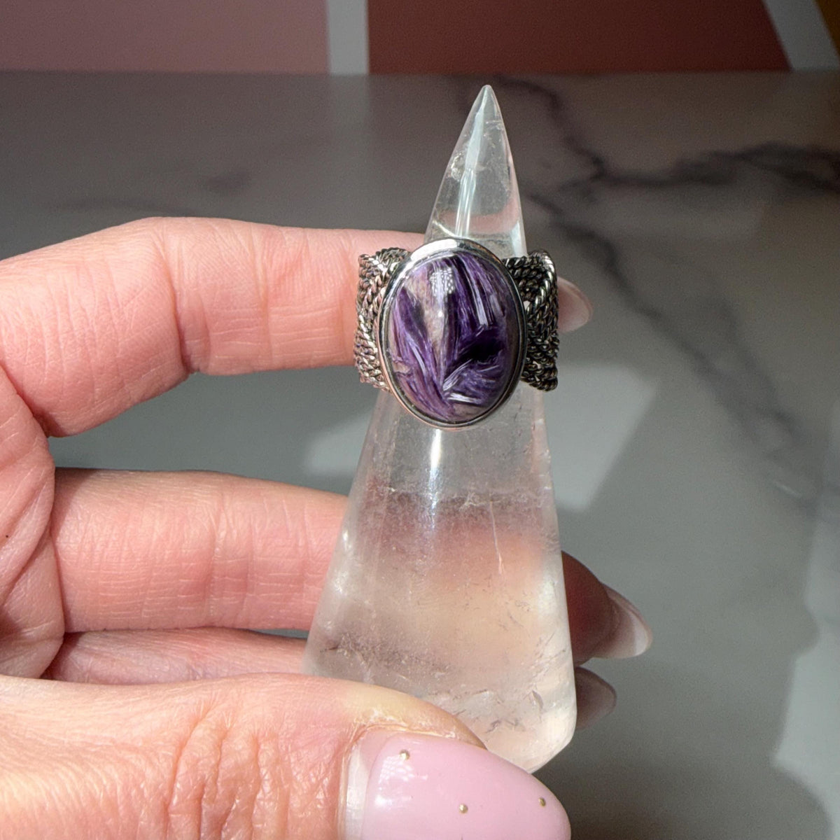 Chariote Sterling Silver Ring, Braided Band, Genuine Charoite Gemstone Size 6