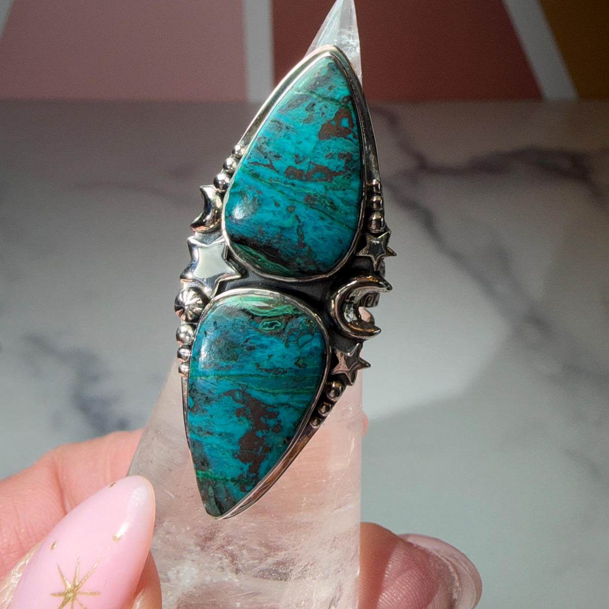 XL Chrysocolla Double Stone Ring, 925 Sterling Silver Celestial Triple Band Ring (Size 7)