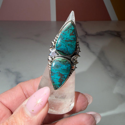 XL Chrysocolla Double Stone Ring, 925 Sterling Silver Celestial Triple Band Ring (Size 7)