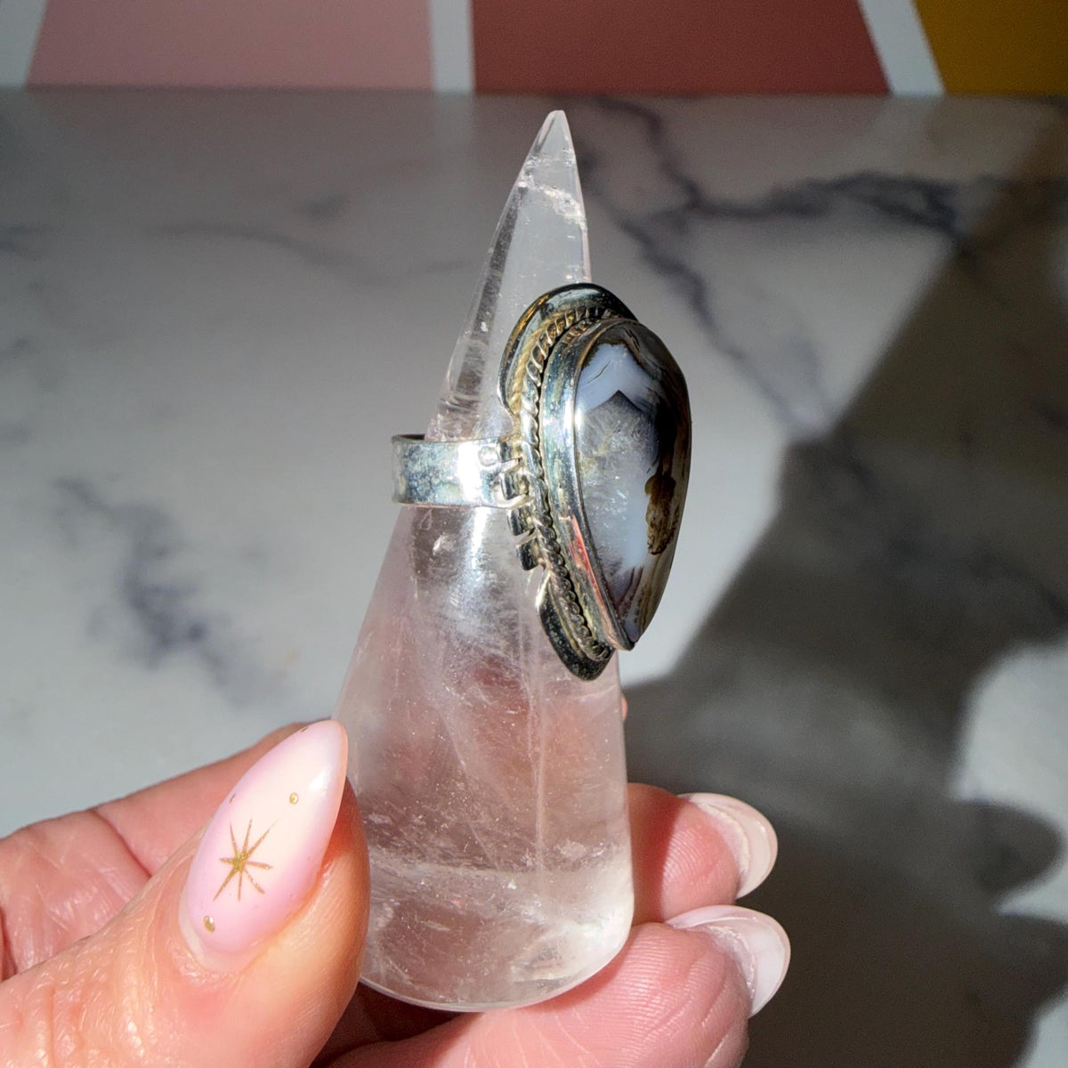 Montana Agate Teardrop Ring • Hammered Sterling Silver Statement Boho Jewelry (size 6.5)