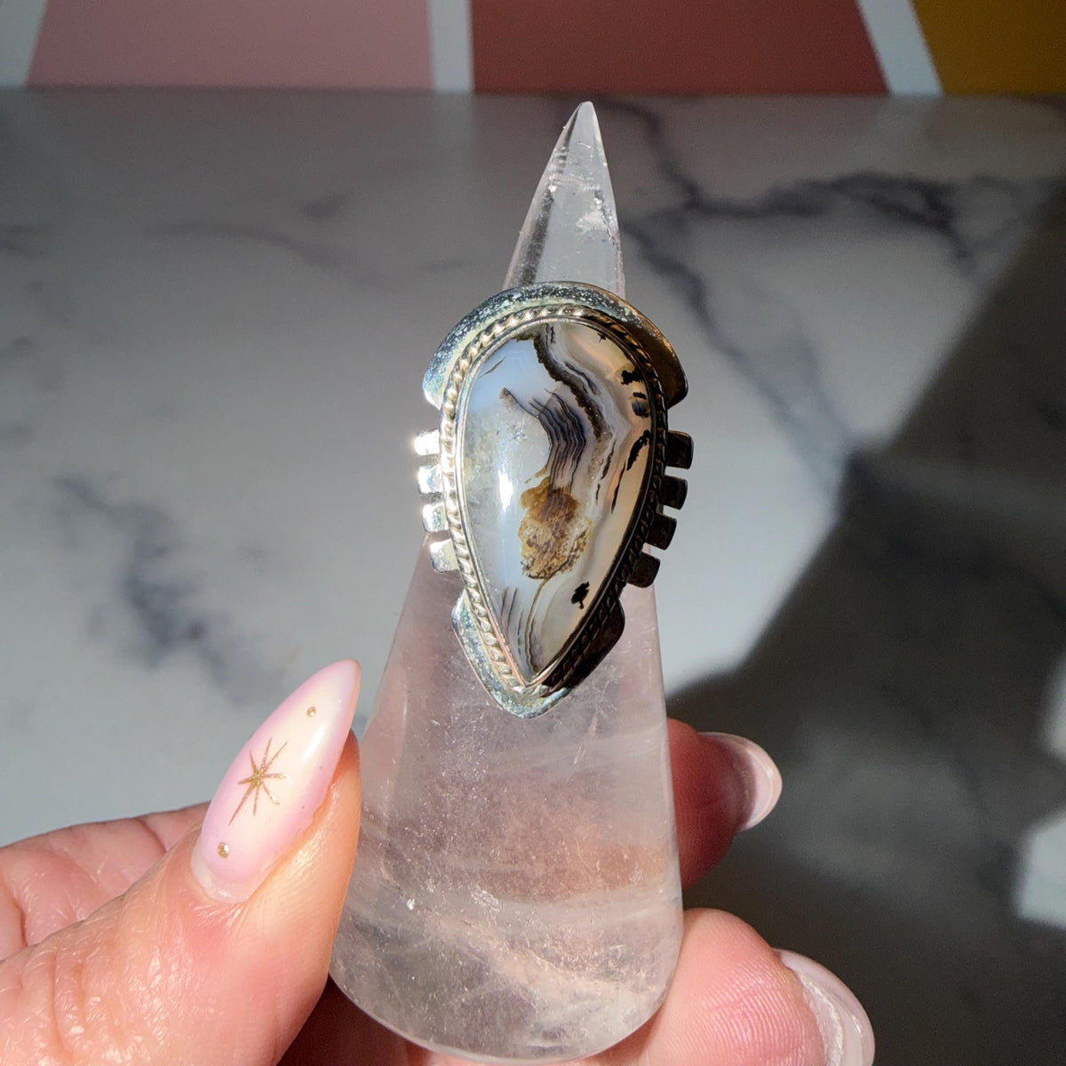 Montana Agate Teardrop Ring • Hammered Sterling Silver Statement Boho Jewelry (size 6.5)