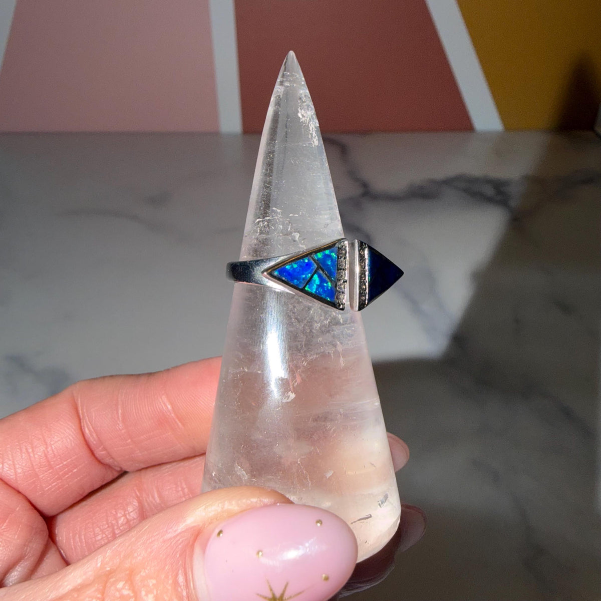 Blue Crushed Opal Ring • Sterling Silver Statement Jewelry (Size 7.5)