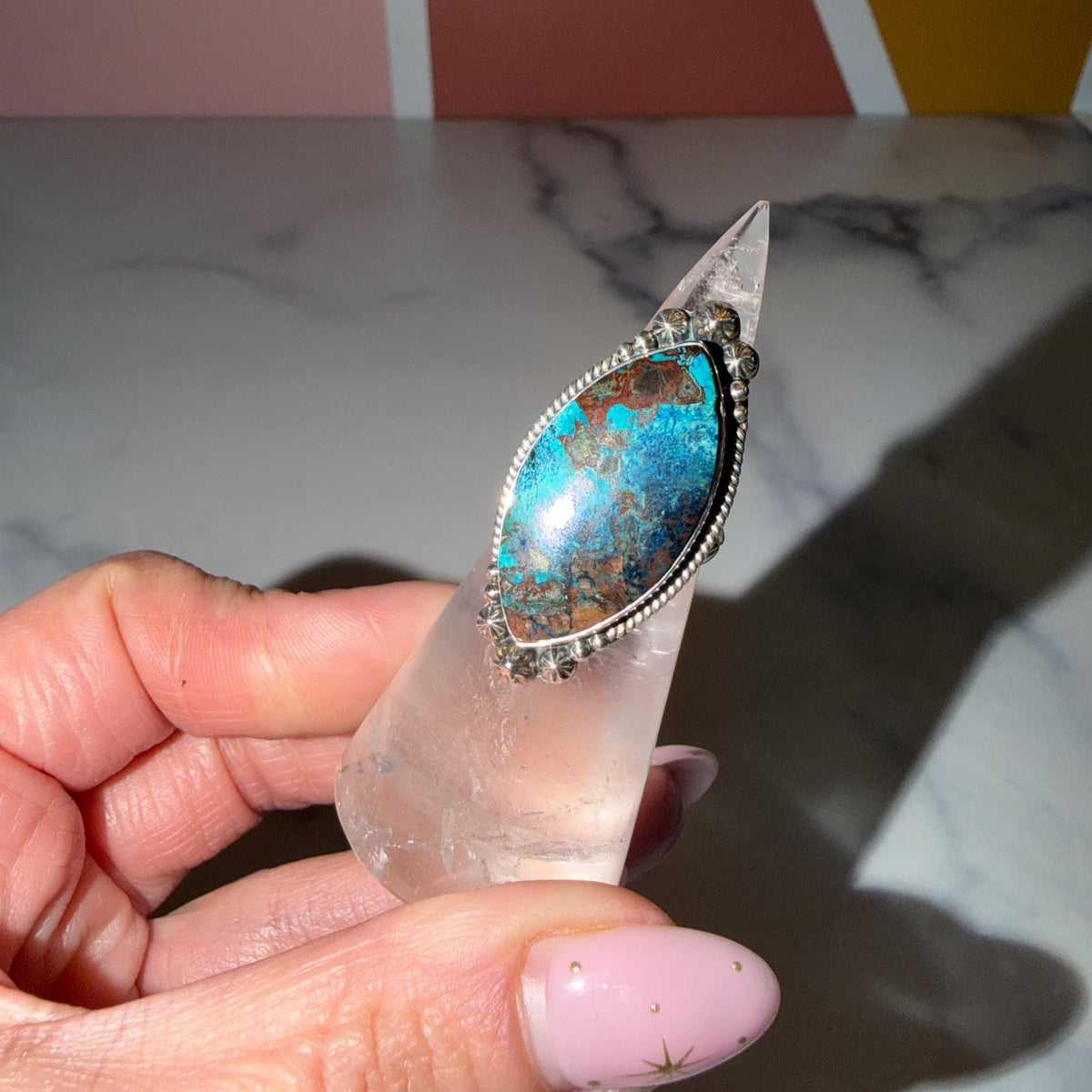 Chrysocolla Marquise Ring • Sterling Silver Blue Green Gemstone Boho Statement (Size 6)