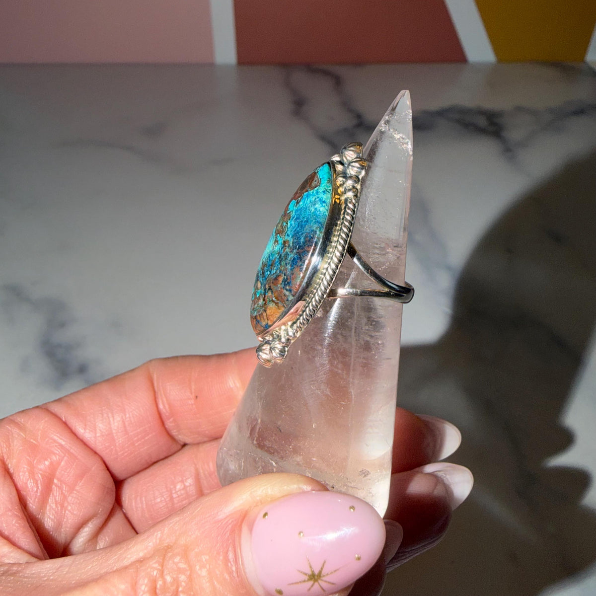Chrysocolla Marquise Ring • Sterling Silver Blue Green Gemstone Boho Statement (Size 6)