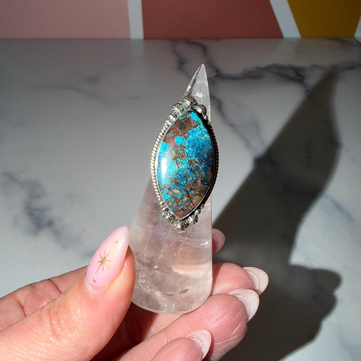 Chrysocolla Marquise Ring • Sterling Silver Blue Green Gemstone Boho Statement (Size 6)