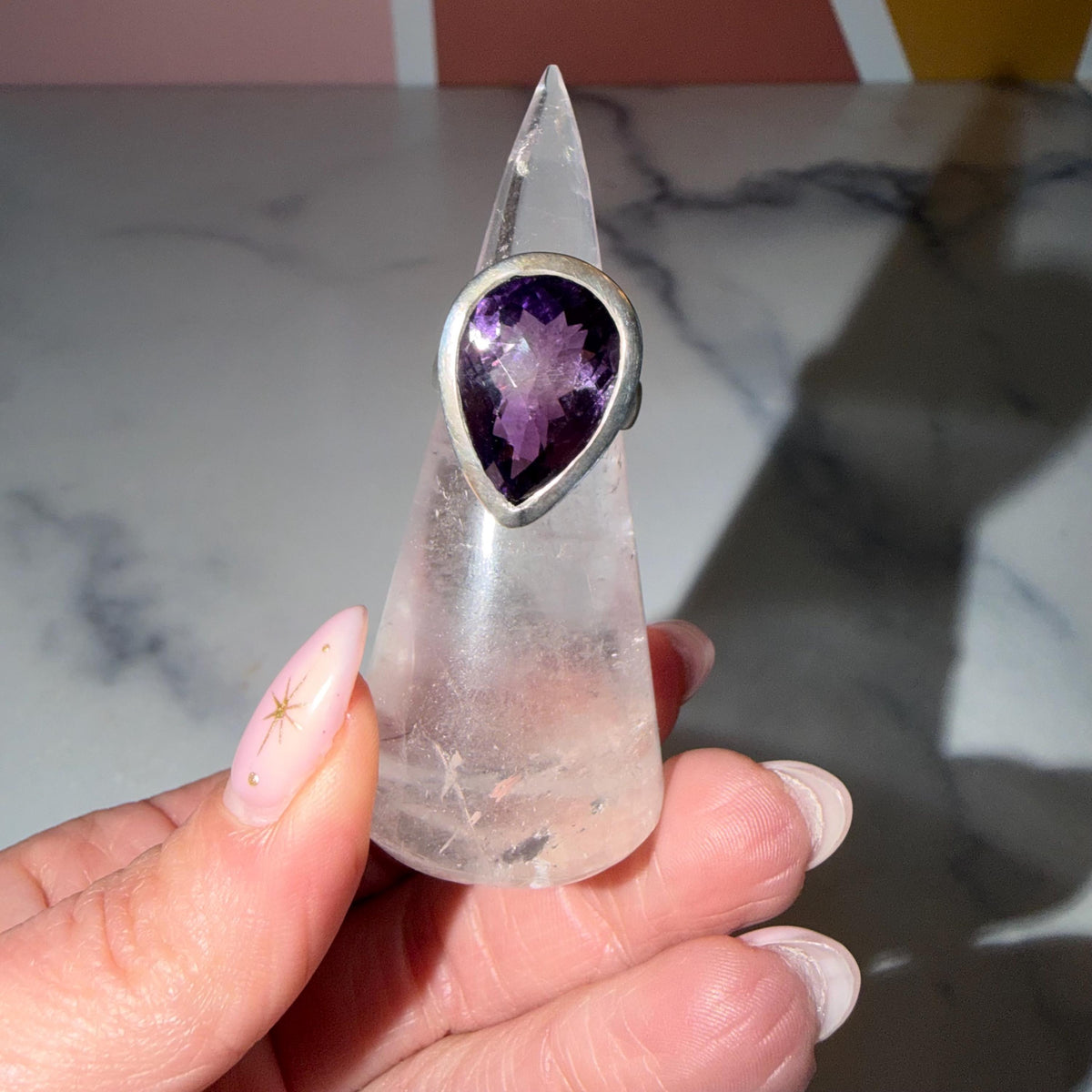 Large Amethyst Teardrop Ring • Sterling Silver • Boho Statement Jewelry (Size 6)