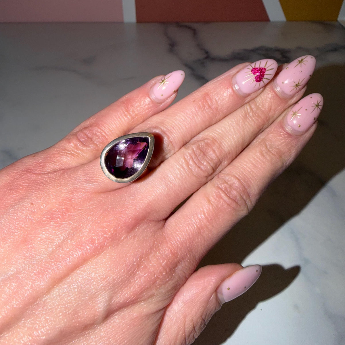 Large Amethyst Teardrop Ring • Sterling Silver • Boho Statement Jewelry (Size 6)