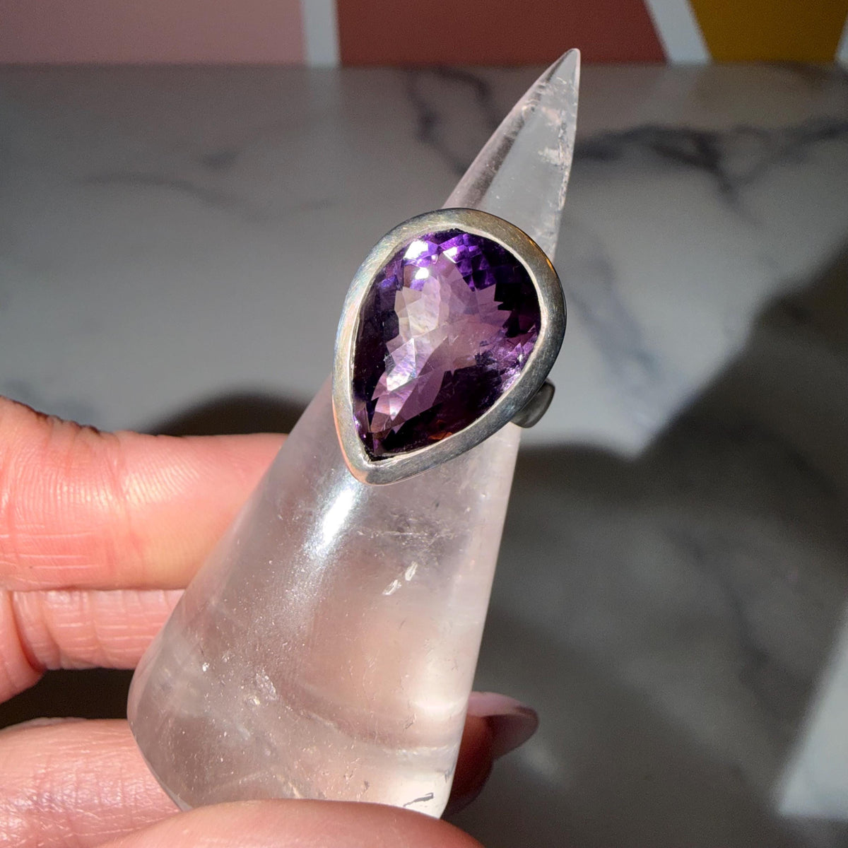 Large Amethyst Teardrop Ring • Sterling Silver • Boho Statement Jewelry (Size 6)