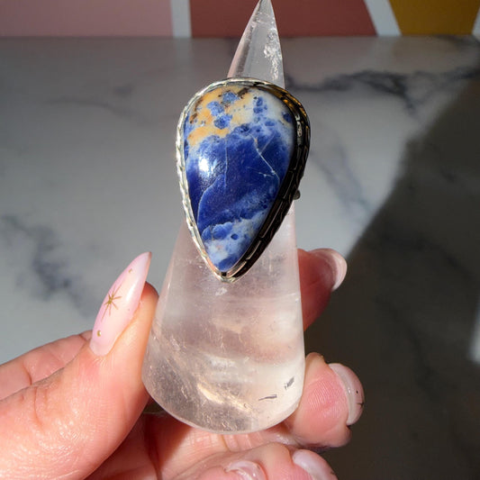 Sodalite Teardrop Ring • 925 Sterling Silver • Size 6.5 • Blue Gemstone Statement Ring • Boho Jewelry