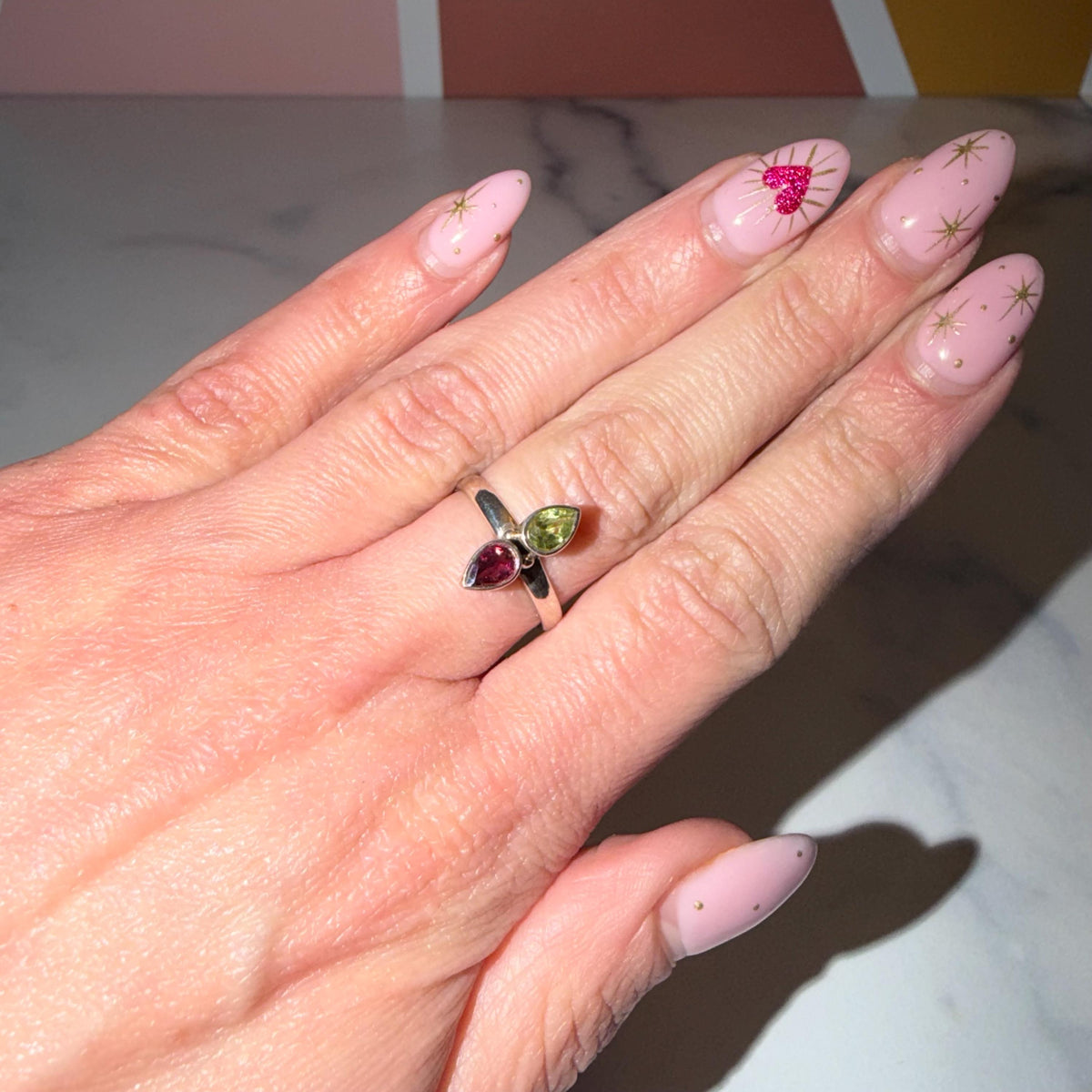 Pink & Green Tourmaline Ring • 925 Sterling Silver • Size 7 • Colorful Gemstone Ring • Dainty Statement Jewelry