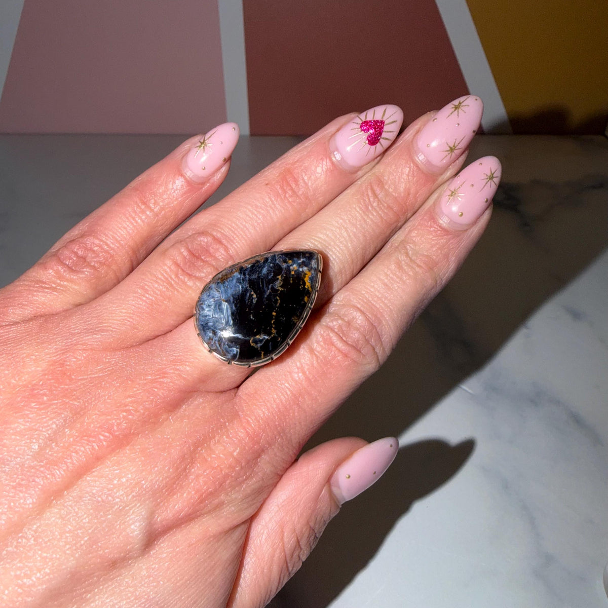 Large Pietersite Teardrop Ring • Sterling Silver Statement Gemstone Jewelry (Size 7)