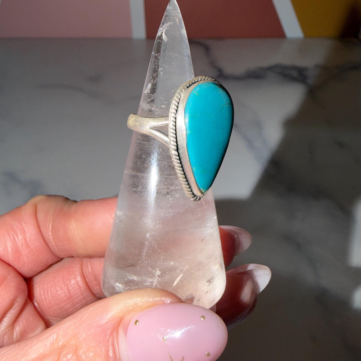 Royston Turquoise Teardrop Ring • Sterling Silver Adjustable Boho Jewelry