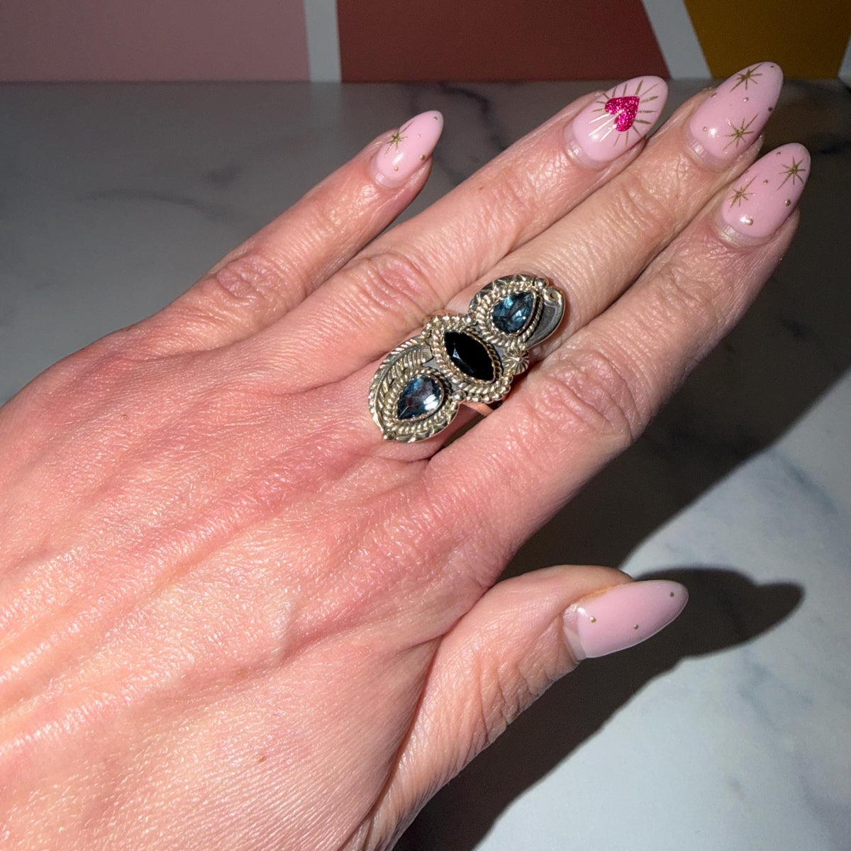 London Blue Topaz Black Onyx Sterling Silver Ring • Statement Gemstone Jewelry (size 7)