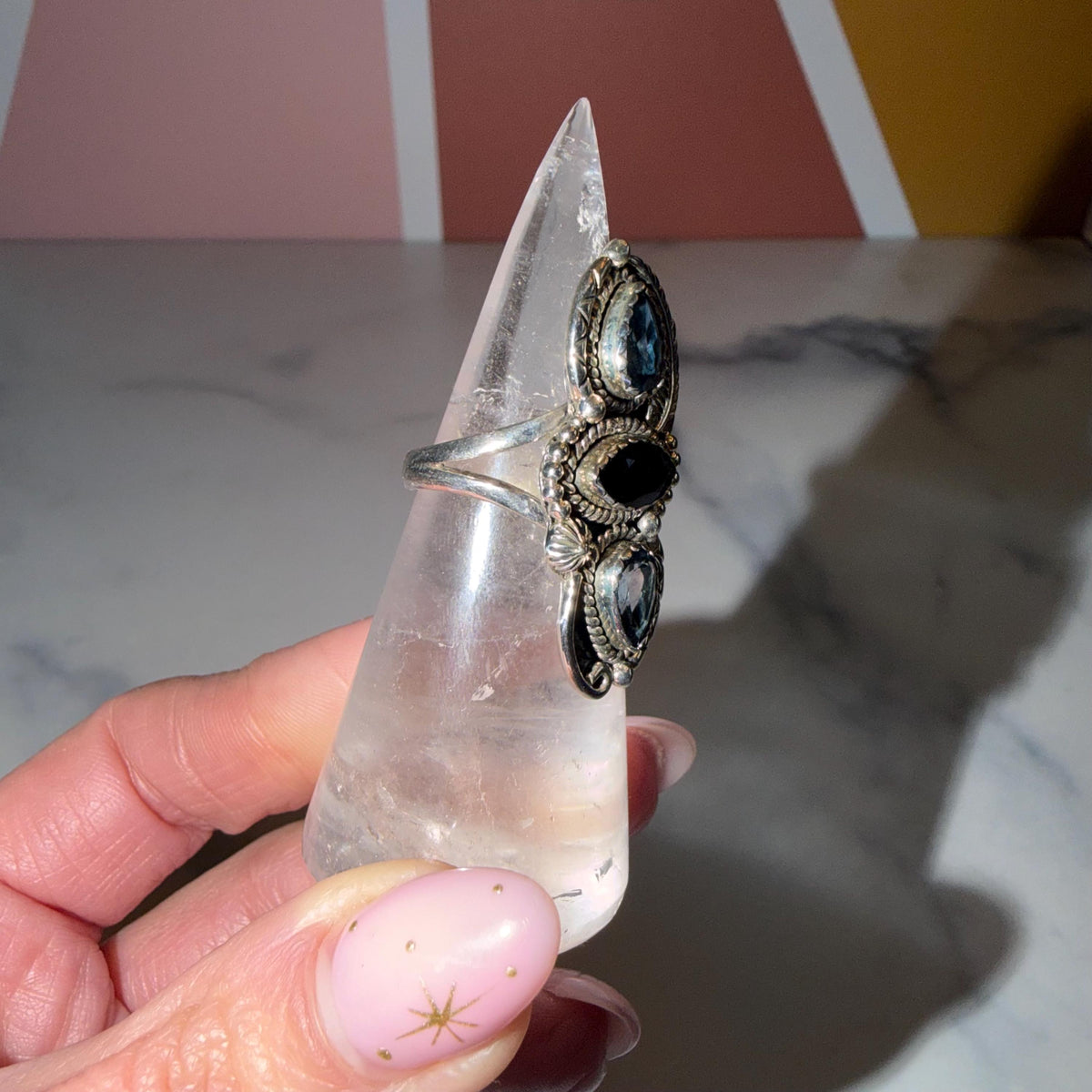 London Blue Topaz Black Onyx Sterling Silver Ring • Statement Gemstone Jewelry (size 7)