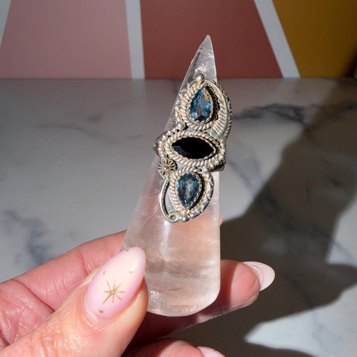 London Blue Topaz Black Onyx Sterling Silver Ring • Statement Gemstone Jewelry (size 7)