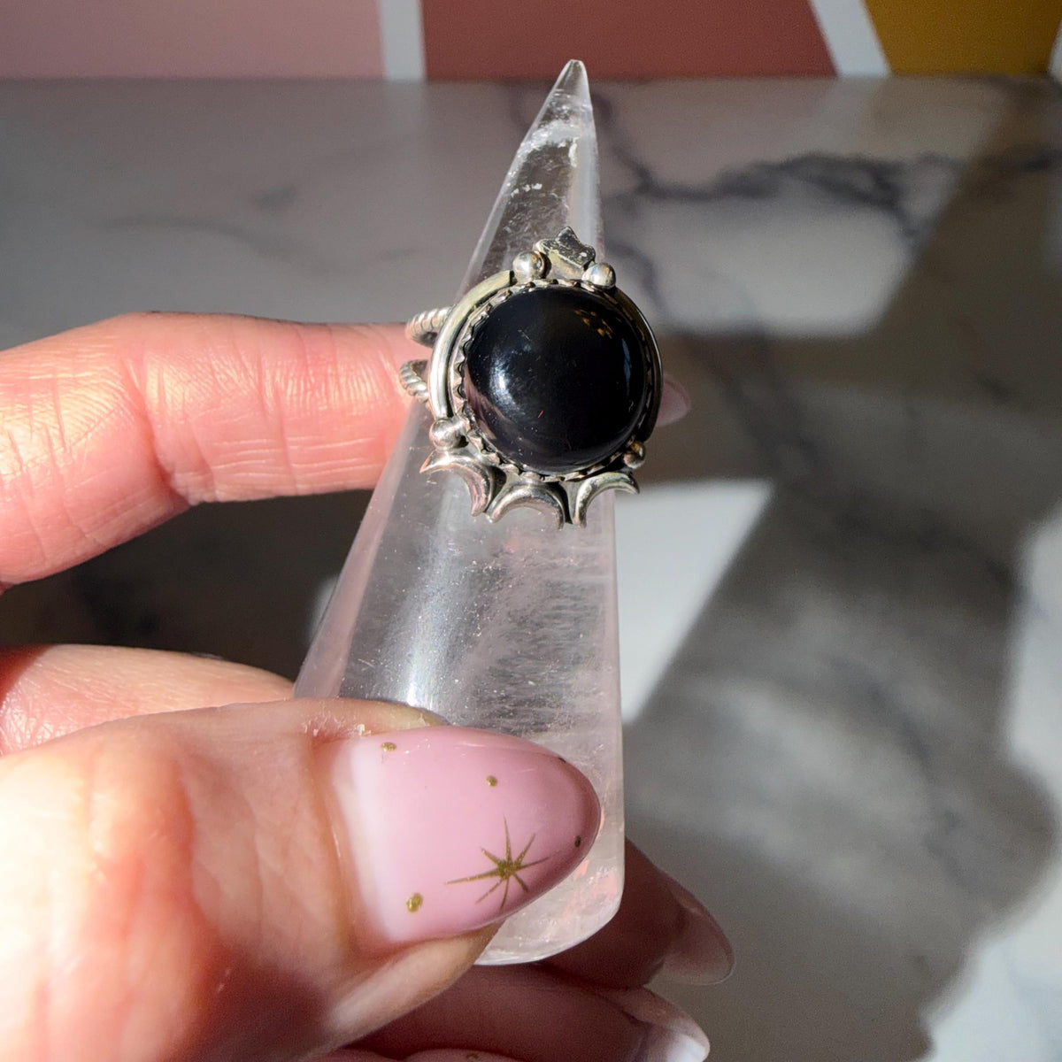 Black Onyx Celestial Ring • Sterling Silver Moon Star Statement Jewelry (size 6.5)