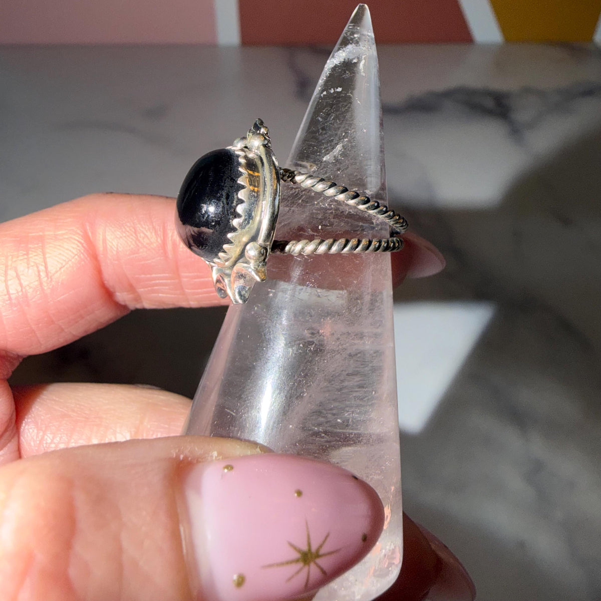 Black Onyx Celestial Ring • Sterling Silver Moon Star Statement Jewelry (size 6.5)