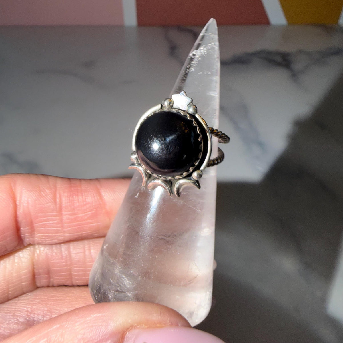 Black Onyx Celestial Ring • Sterling Silver Moon Star Statement Jewelry (size 6.5)