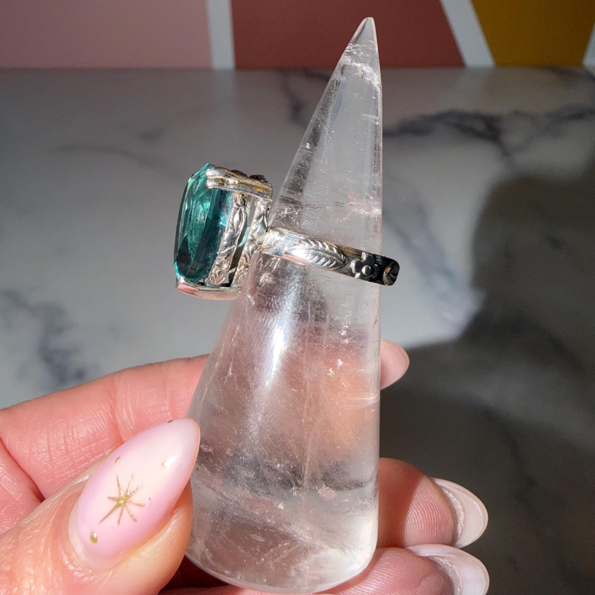 Blue Fluorite Teardrop Ring • Sterling Silver Floral Band • Boho Statement Ring (Size 7)