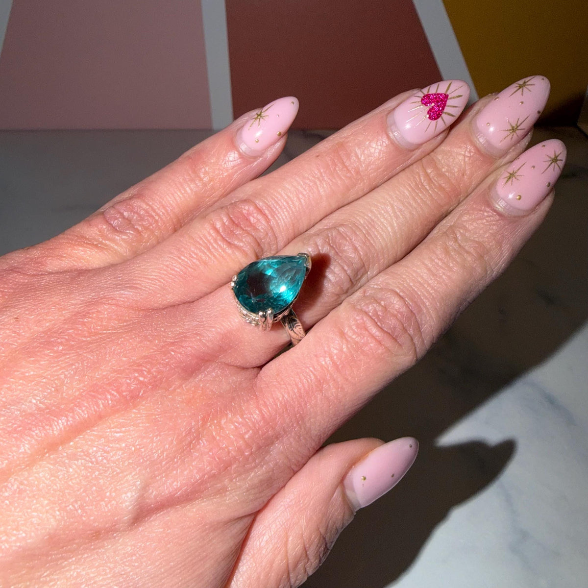 Blue Fluorite Teardrop Ring • Sterling Silver Floral Band • Boho Statement Ring (Size 7)