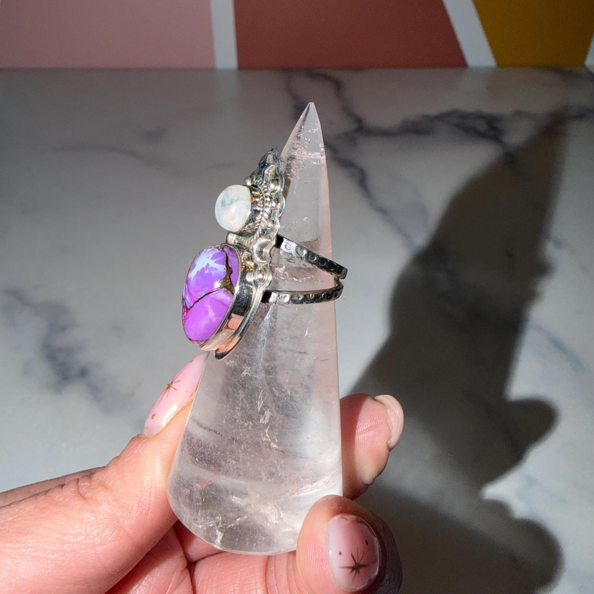 Sterling Silver Statement Ring, Purple Turquoise Moonstone, Gothic Boho Western Style, Size 5.5