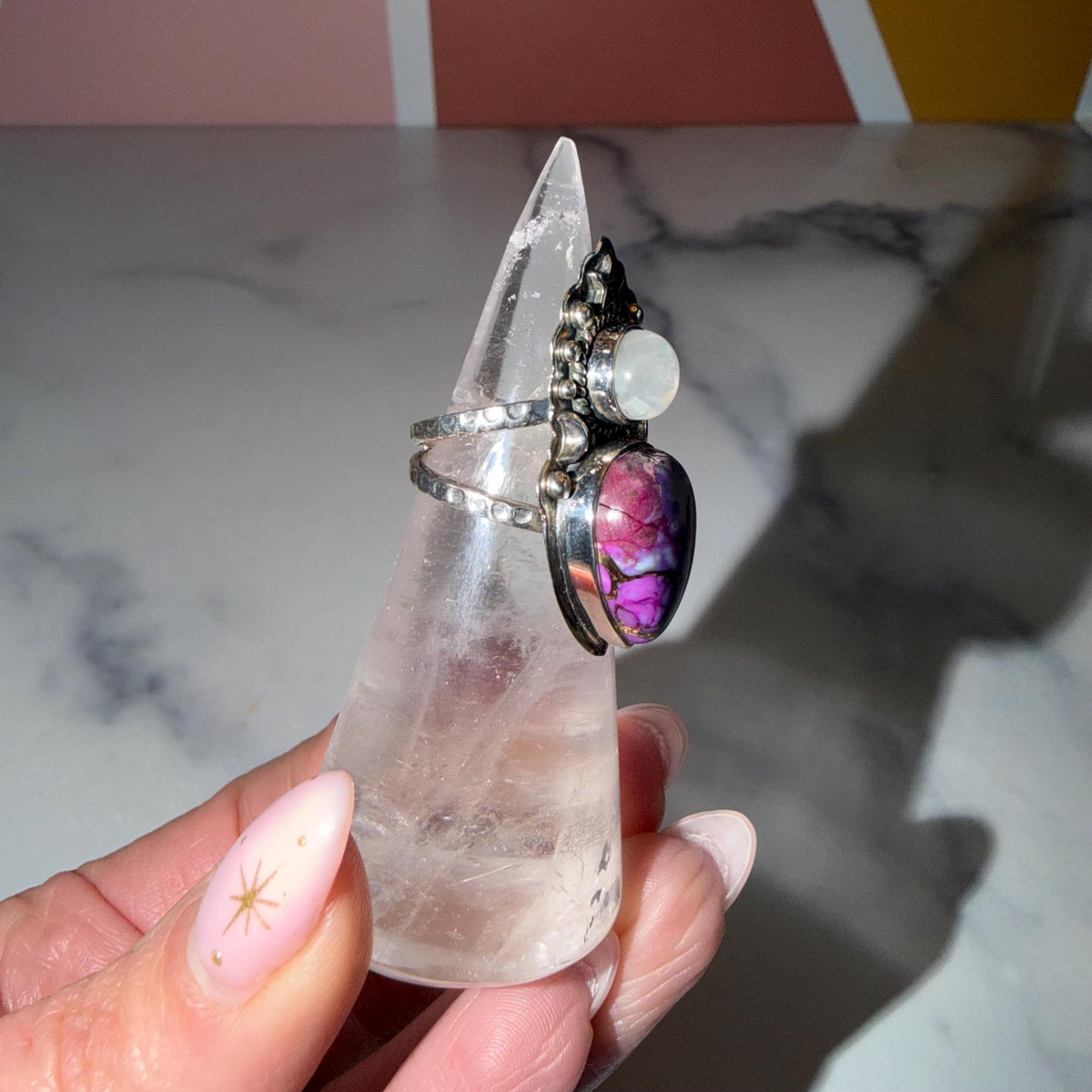 Sterling Silver Statement Ring, Purple Turquoise Moonstone, Gothic Boho Western Style, Size 5.5