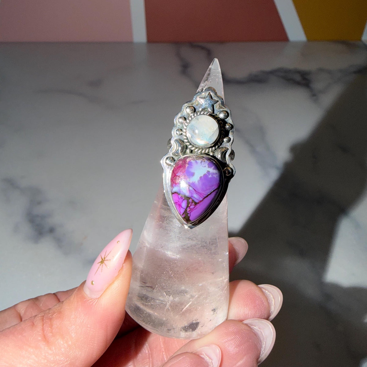 Sterling Silver Statement Ring, Purple Turquoise Moonstone, Gothic Boho Western Style, Size 5.5