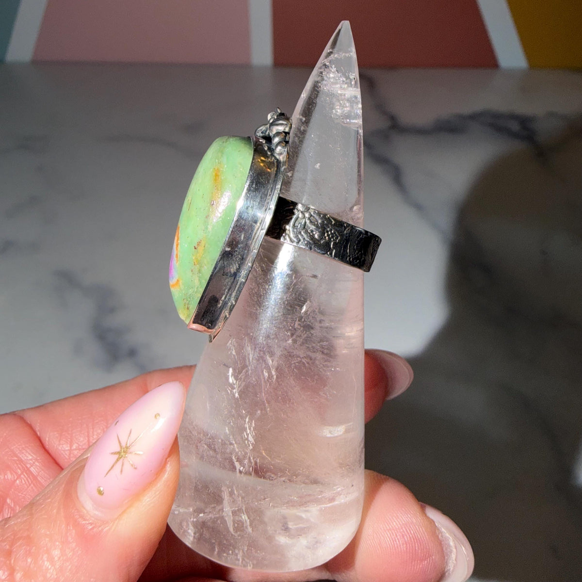 Large Ruby Fuchsite Teardrop Ring • Sterling Silver Floral Setting • Boho Statement Jewelry (Size 6.75)