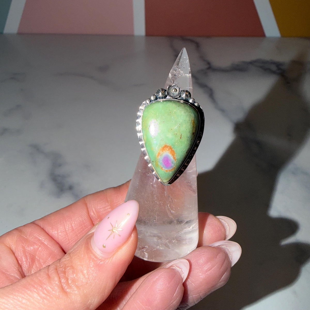 Large Ruby Fuchsite Teardrop Ring • Sterling Silver Floral Setting • Boho Statement Jewelry (Size 6.75)
