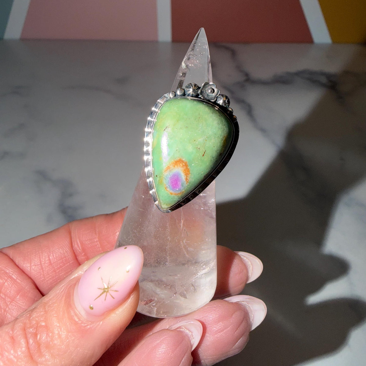 Large Ruby Fuchsite Teardrop Ring • Sterling Silver Floral Setting • Boho Statement Jewelry (Size 6.75)