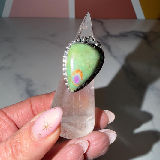 Large Ruby Fuchsite Teardrop Ring • Sterling Silver Floral Setting • Boho Statement Jewelry (Size 6.75)