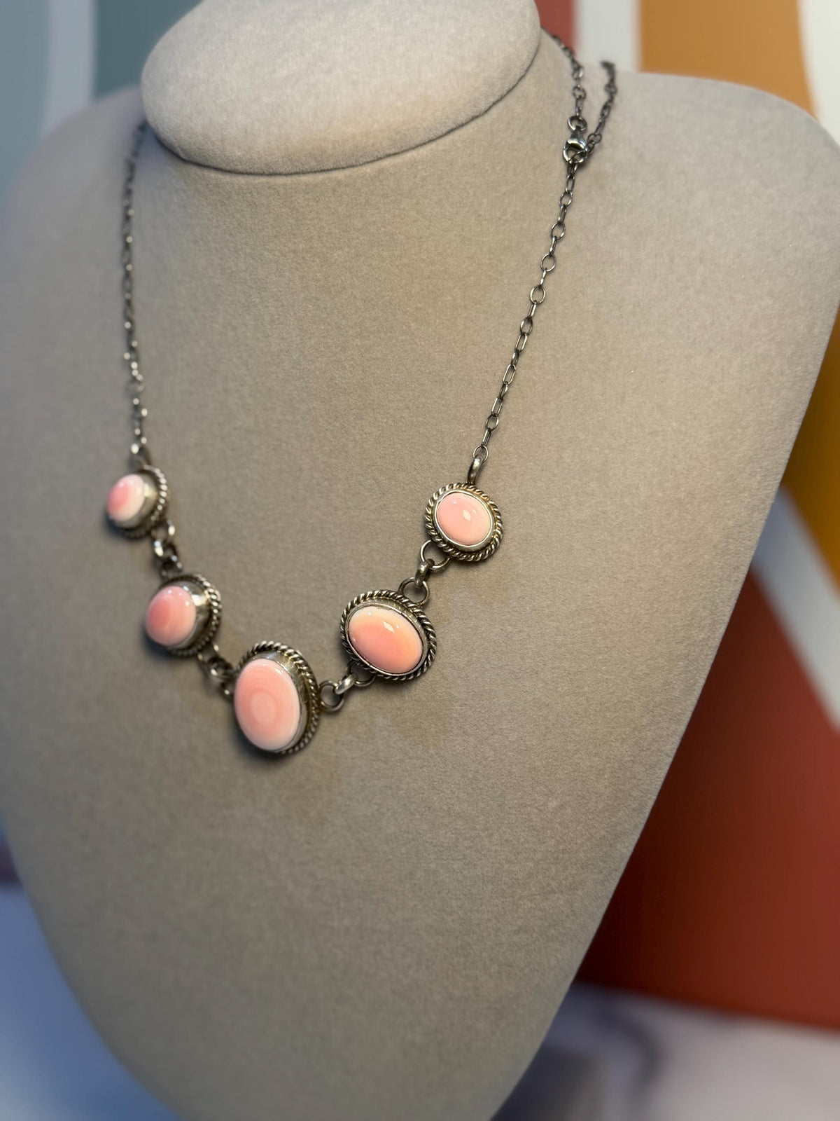 Pink Conch Five Stone Necklace, Sterling Silver, Native Made Stamped B. Lee