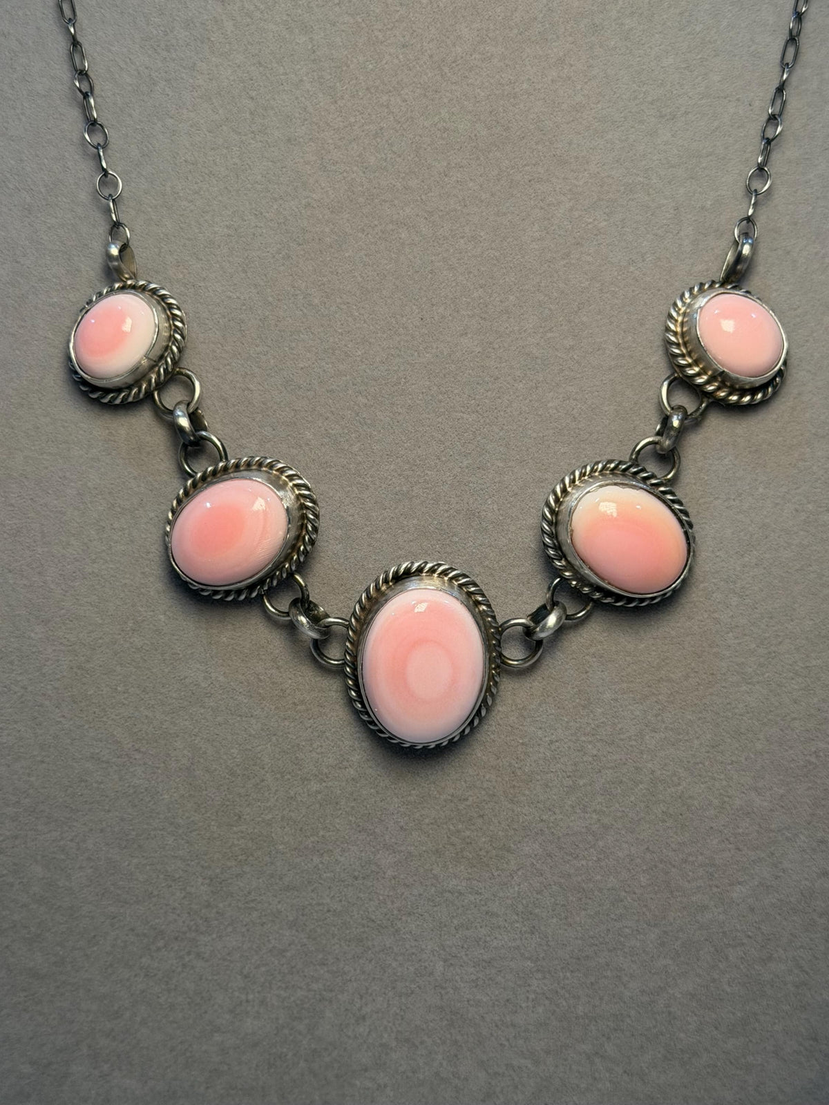 Pink Conch Five Stone Necklace, Sterling Silver, Native Made Stamped B. Lee