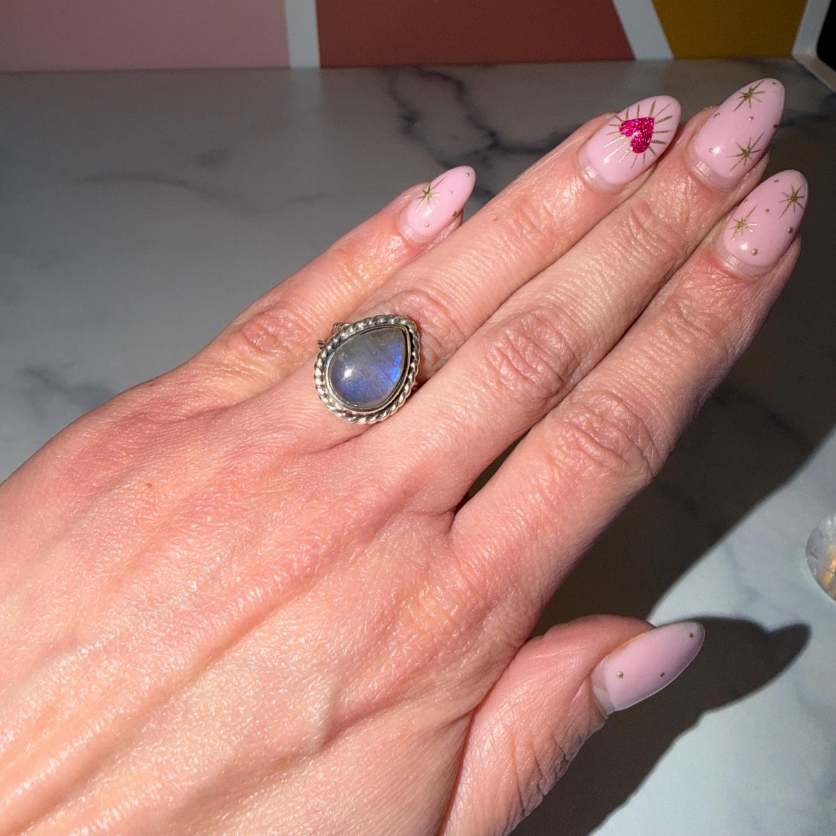 Flashy Labradorite Ring, Sterling Silver Rope Double Shank Band, Boho Statement Jewelry (size 5.25)