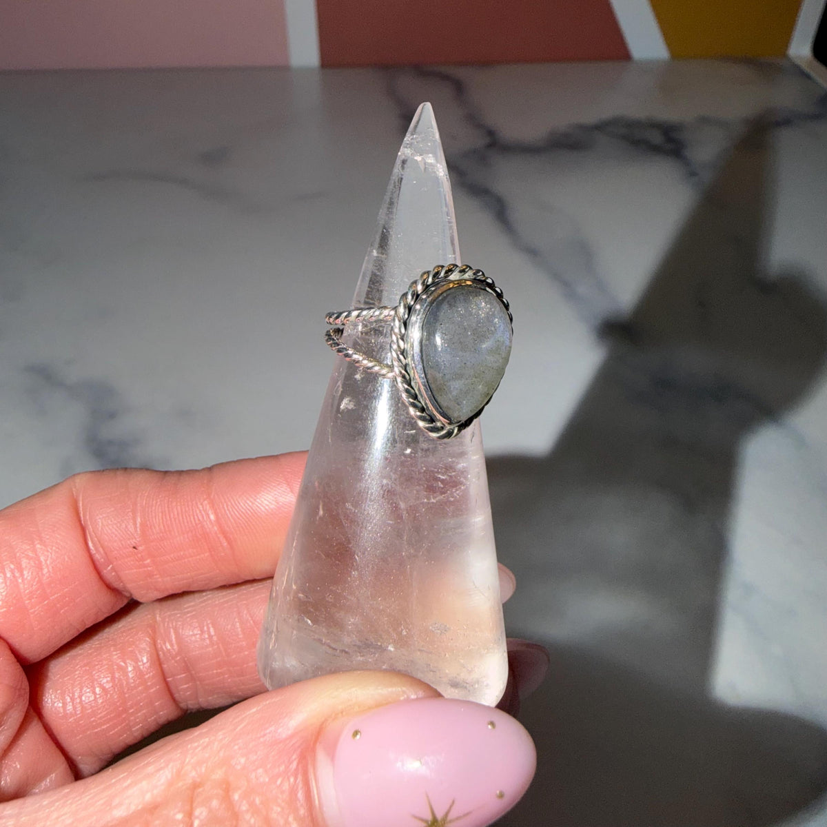 Flashy Labradorite Ring, Sterling Silver Rope Double Shank Band, Boho Statement Jewelry (size 5.25)